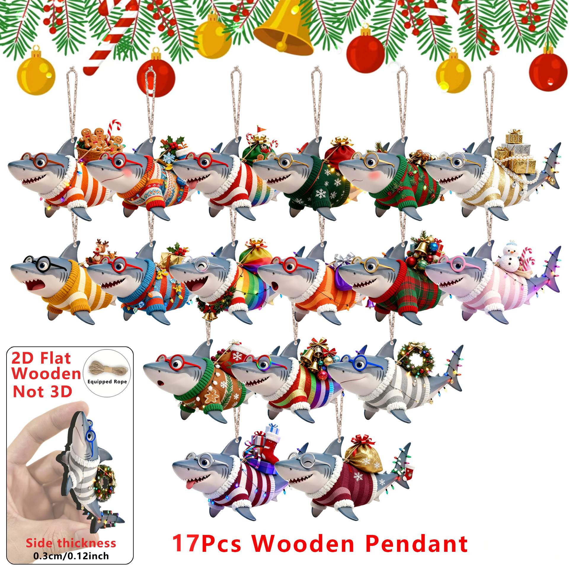 TEMU 2d Flat-17pcs Christmas Glasses Shark Wooden Pendant, Creative Sweater Shark Pendant For Home Decoration, Christmas Party Supplies, Christmas