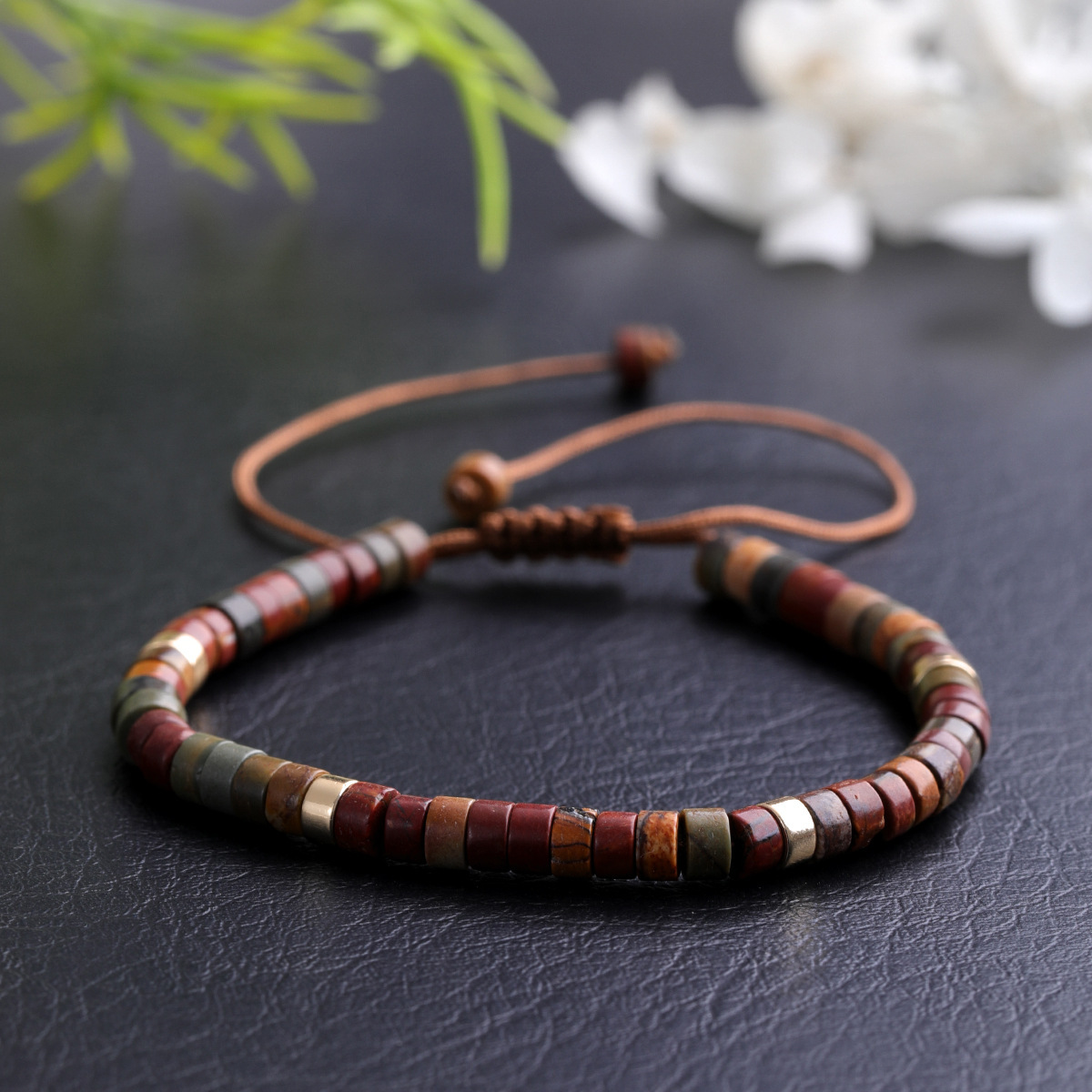 Women's Woven Natural Stone Bead Bracelet, Adjustable Knot Design