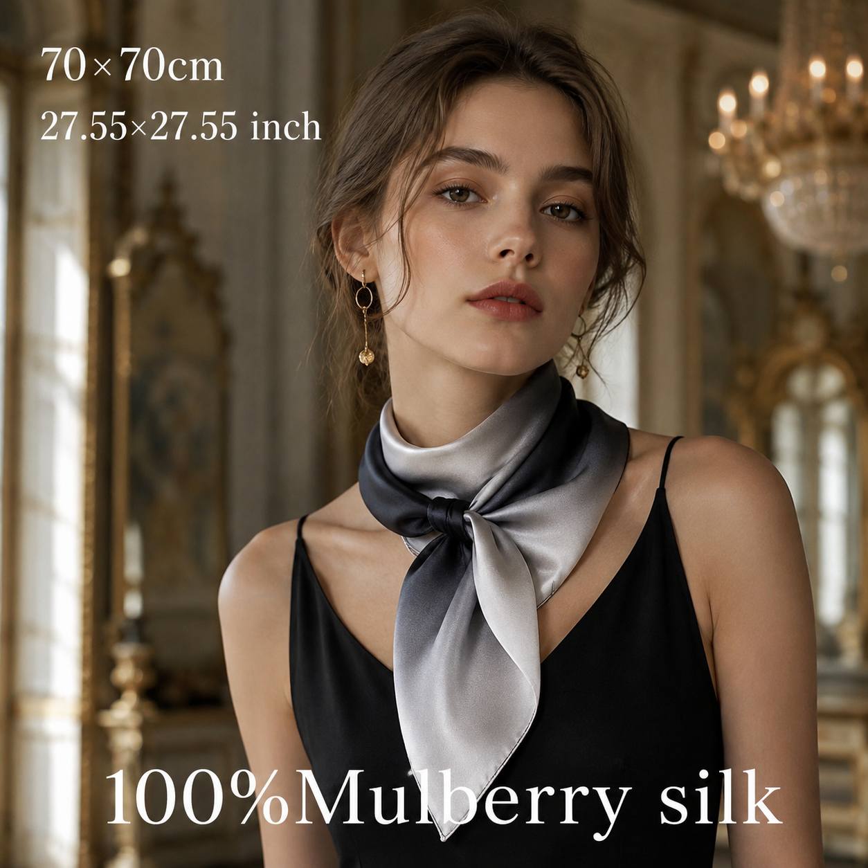 TEMU Foulard carré 100% soie de 27.55 X 27.55 pouces, foulard en soie à dégradé noir-gris pour femmes, bandeau, ruban pour cheveux, accessoire de sac