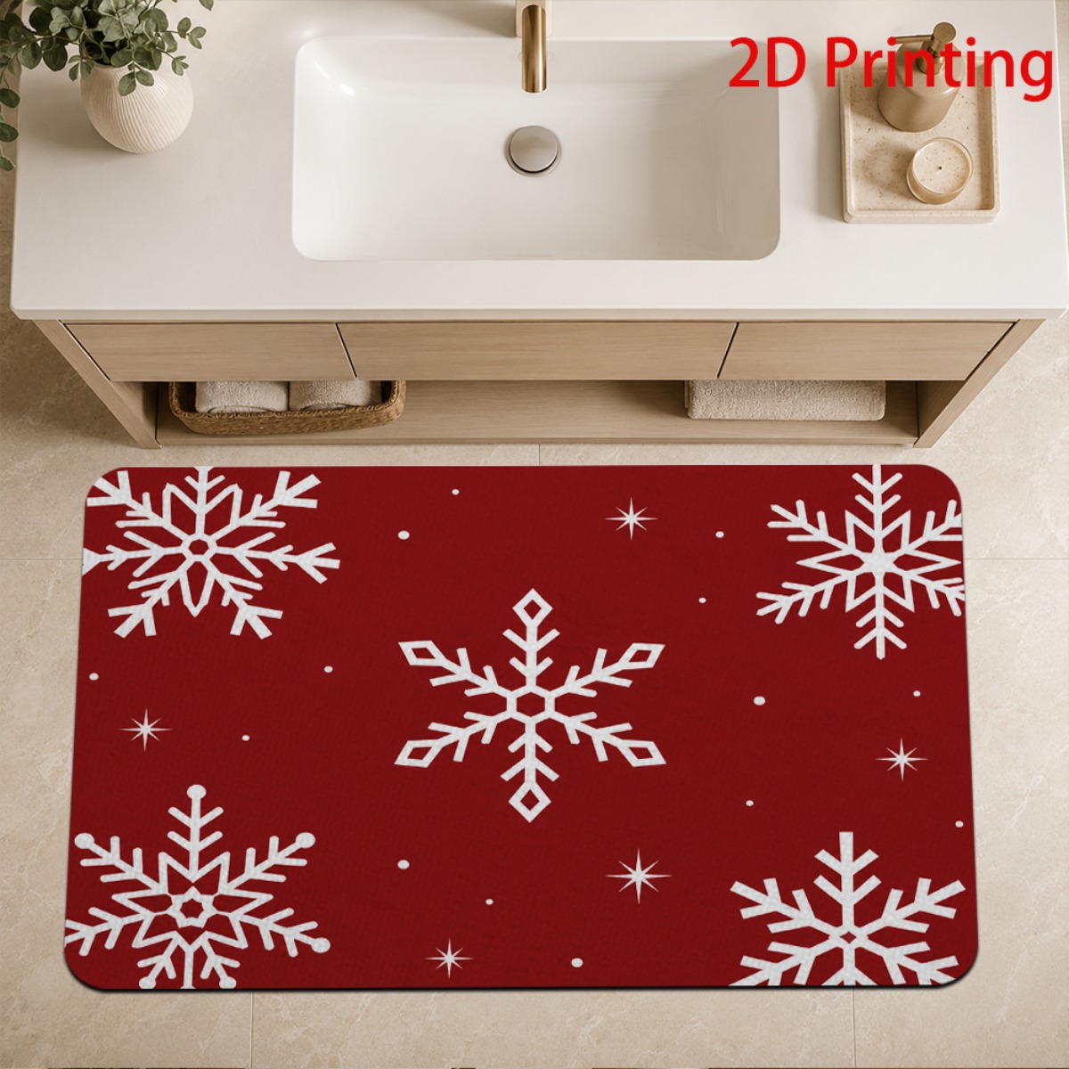 TEMU 1pc Winter Snowflake Bath Suitable For Bath/shower, Non-slip Absorbent Mat With Soft Flannel & Thick Warm, Red Background With White Snowflake