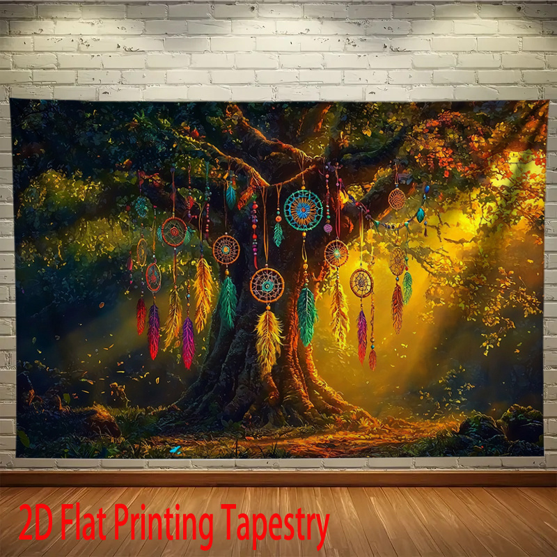 Boho Dreamcatcher Tree Tapestry Fantasy Forest Wall Hanging Decor_voghion.com