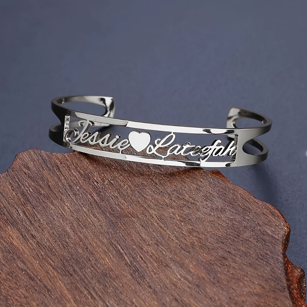 TEMU Custom Engraved Stainless Steel Love Heart Bangle - 18k Golden Plated, Design For Couples, Family & - Elegant & Stylish, Ideal Gift For