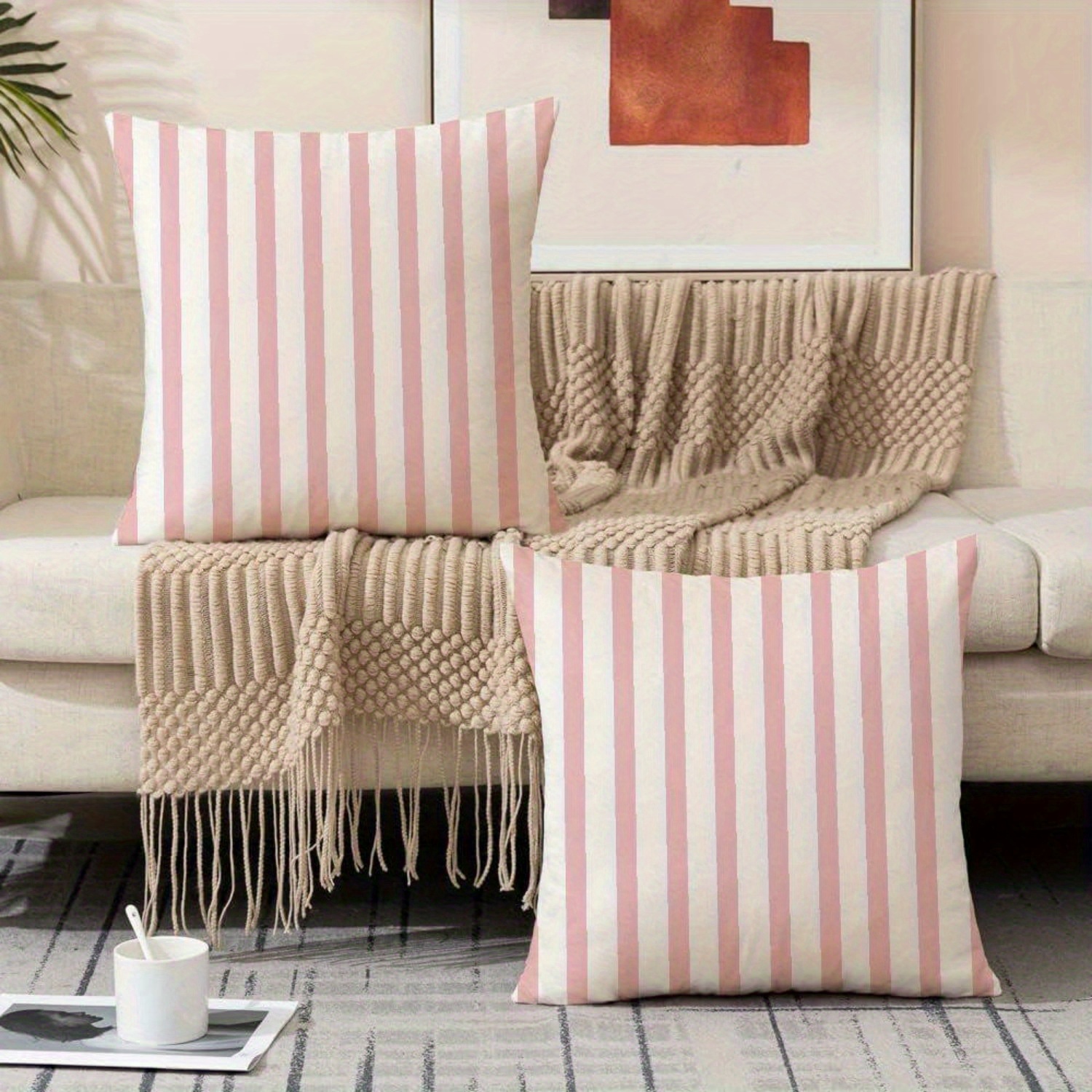 Image of 2pcs Sweet Pink And White Striped Cushion Covers - Machine Washable, Zipper Closed - Style Suitable For Sofas, Lounge Chairs And Home Decor, Machine Washable, Zipper Closed 18 X 18in (no Pillow Core)