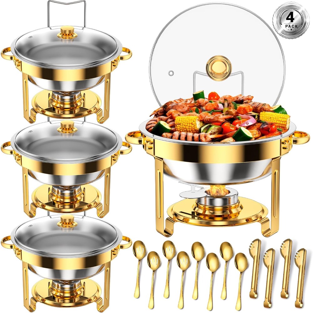 TEMU 2/4pcs Commercial-grade Round Chafing Dishes - 5 Qt Stainless Steel Buffet Set With Rolled Edges & Golden- | Catering Food Warmers For Weddings,