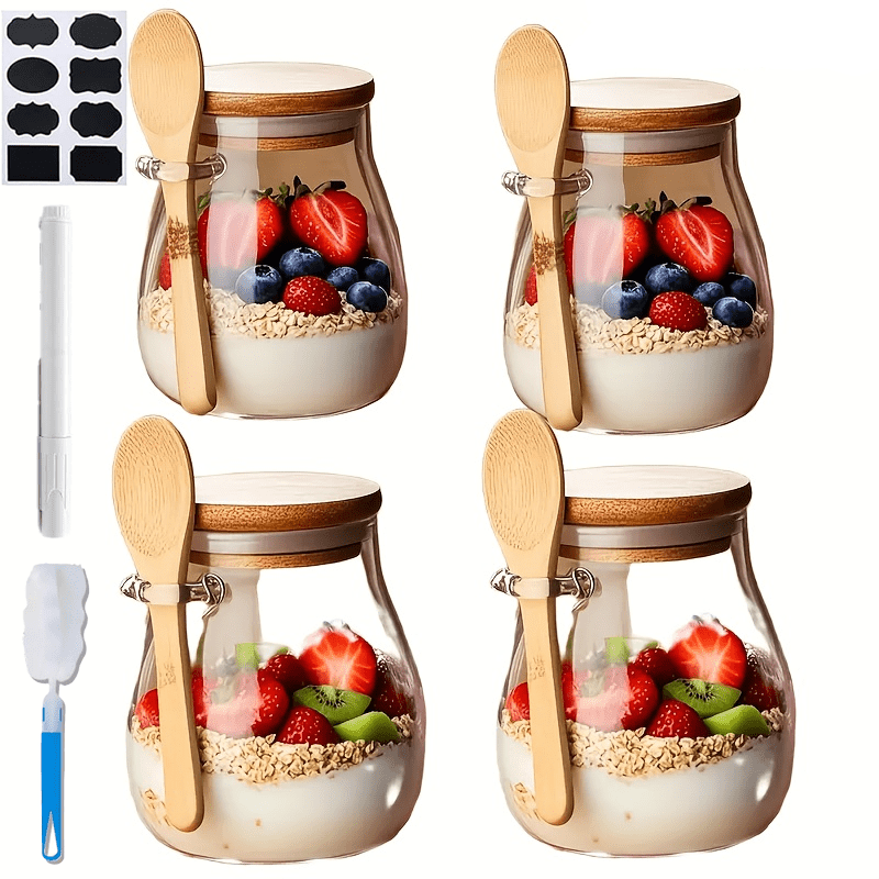 TEMU 4-pack Sealed Overnight Oats Jars With Lids, Spoons, Signature Pens, And Stickers| Wide Mouth Glass Jars For Yogurt, Snacks, Cereal, Sugar