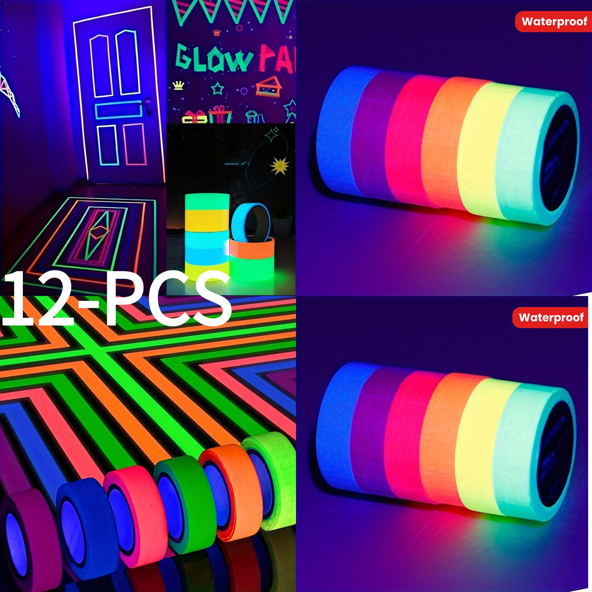 TEMU 12pcs Neon In 6 Colors, Uv Reactive Fluorescent Stickers For Stage Decor, Stairs, And Crafts - Reflective Safety Warning Tape, Ideal For