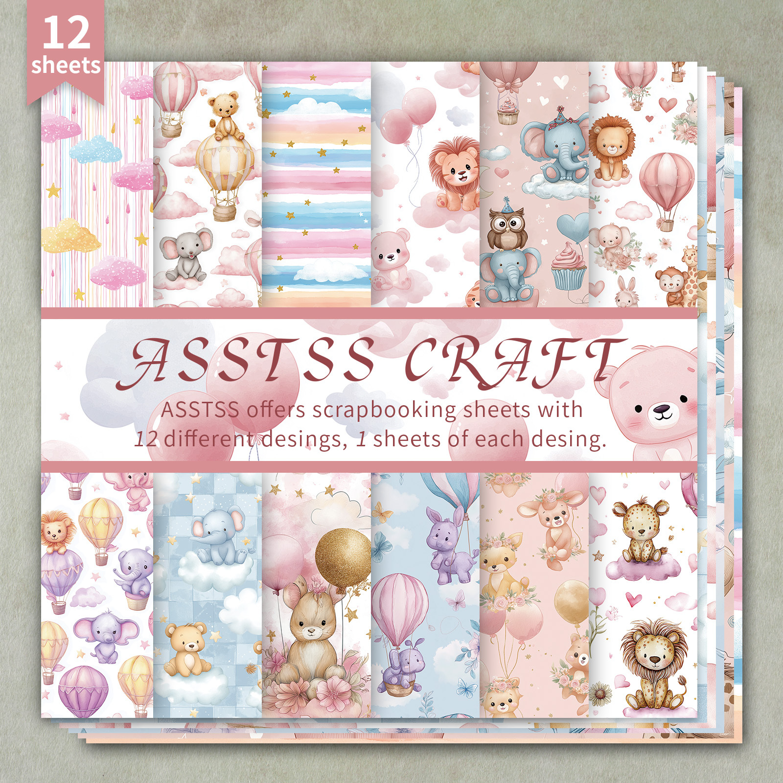 TEMU 12-sheet Asstss Scrapbooking Paper Pad, Whimsical Watercolor Baby Animal Backing Paper Supplies, Heavyweight Cardstock For Journaling, Collage
