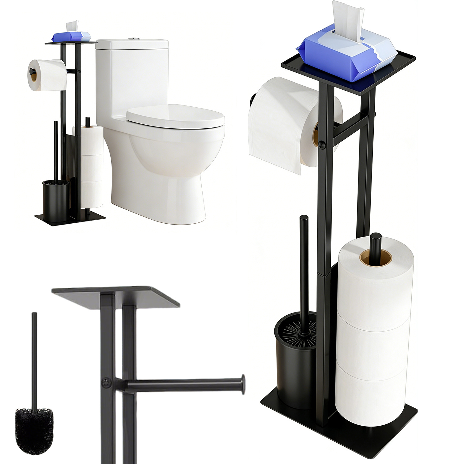 Image of 3-in-1 Bathroom Storage Rack With 2 Toilet Paper Holders, Top Shelf, And Toilet Brush Holder, Space- Organizer For Bathroom