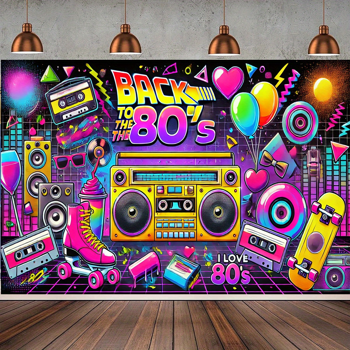 TEMU 1pc Retro 80s Theme Birthday Background Wall Flag, Durable Polyester Wall Hanging, Party Decoration Photography Studio Prop, Universal Holiday