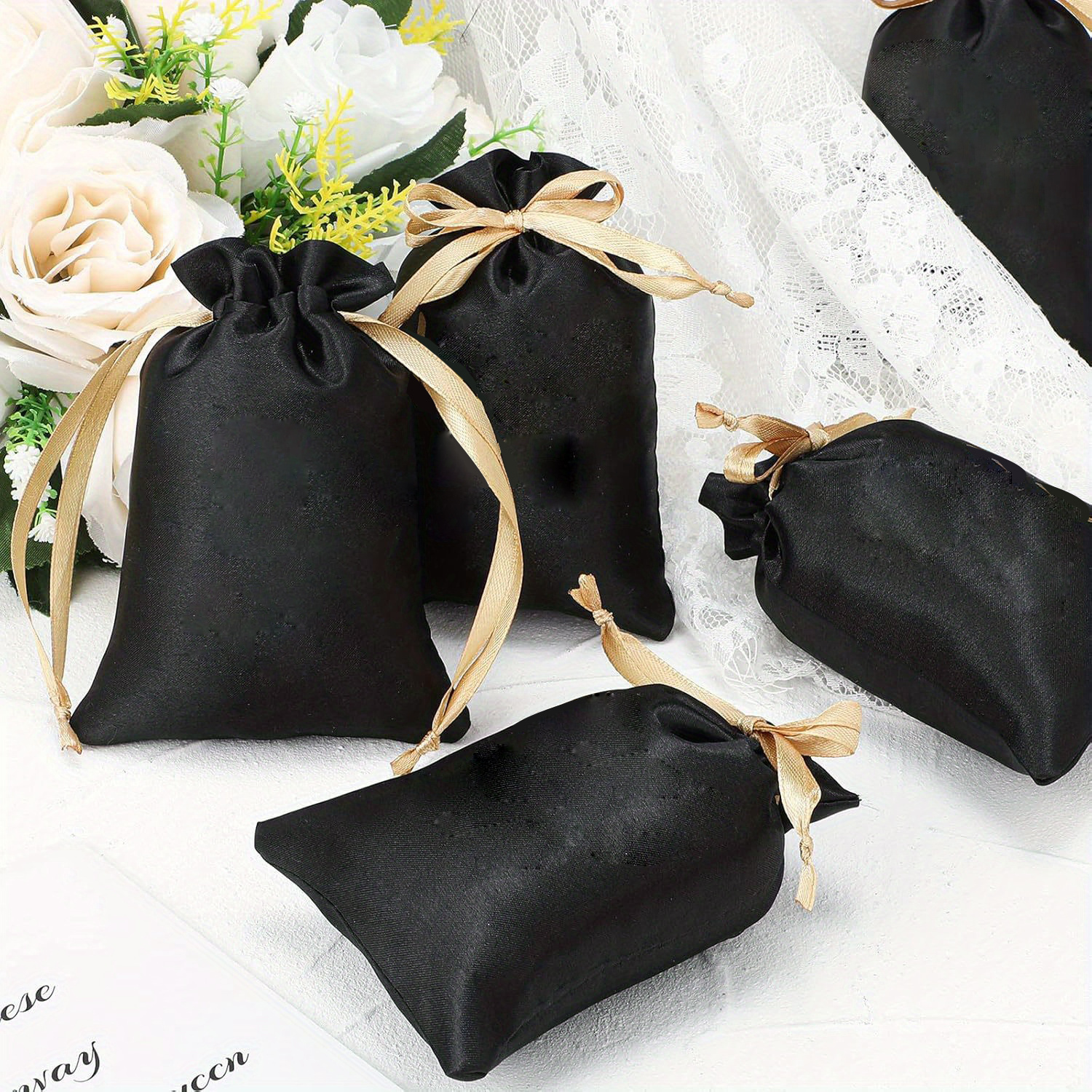 Black Satin Gift Bags, Drawstring Jewelry Candy Pouches