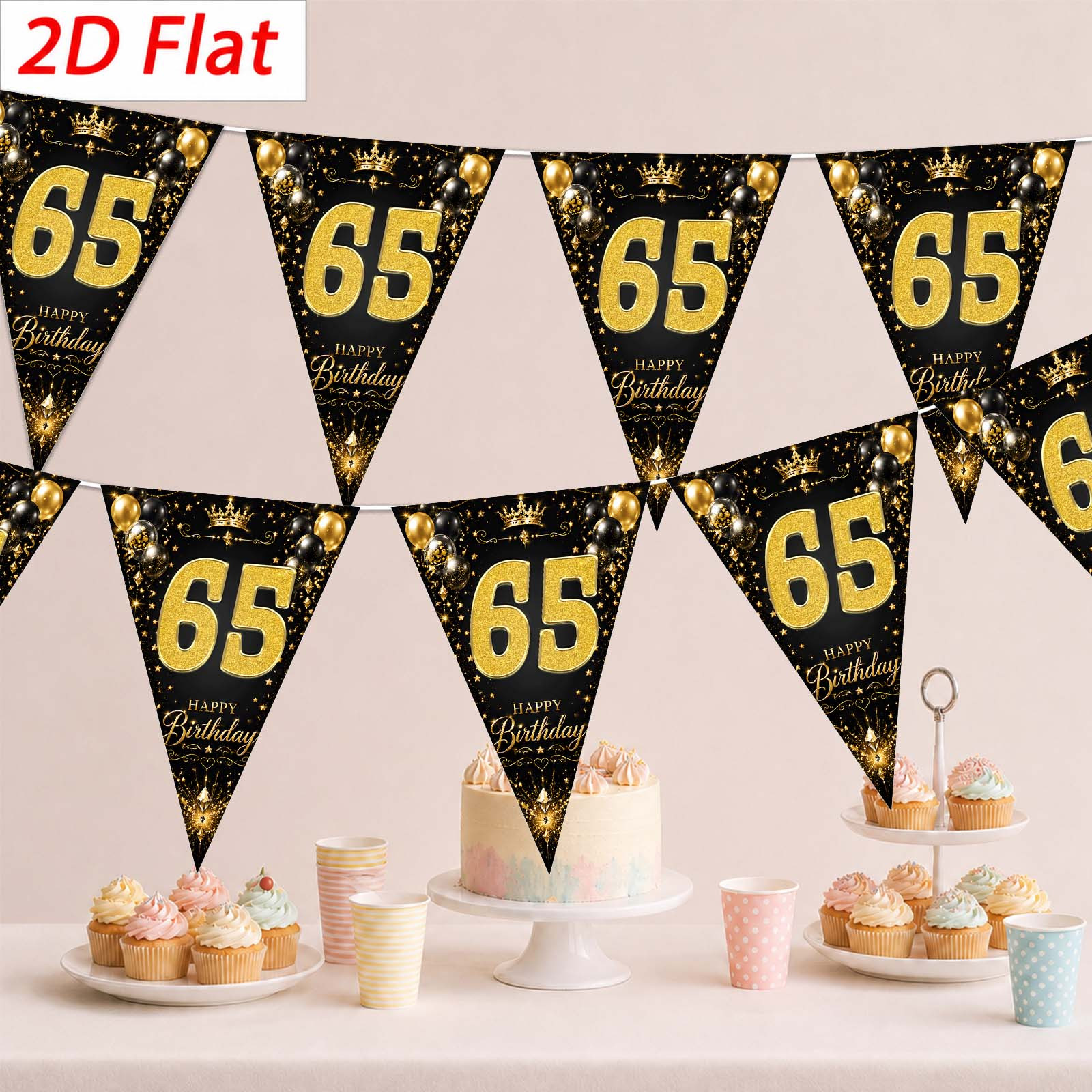 TEMU 2D Plat, 2D Plat - 2D Plat, 2D Plat - 2D Plat Banner [Feestbanner, Vlagbanner] 10 stuks, Polyester Materiaal, 65e Verjaardag Driehoekige Vlag