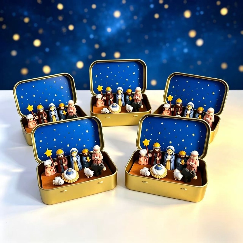 TEMU 5pcs Pocket Birth , Mini Statues With Starry Sky Background, Portable Christmas Religious Table Decoration, Collectable Handmade Style Desktop