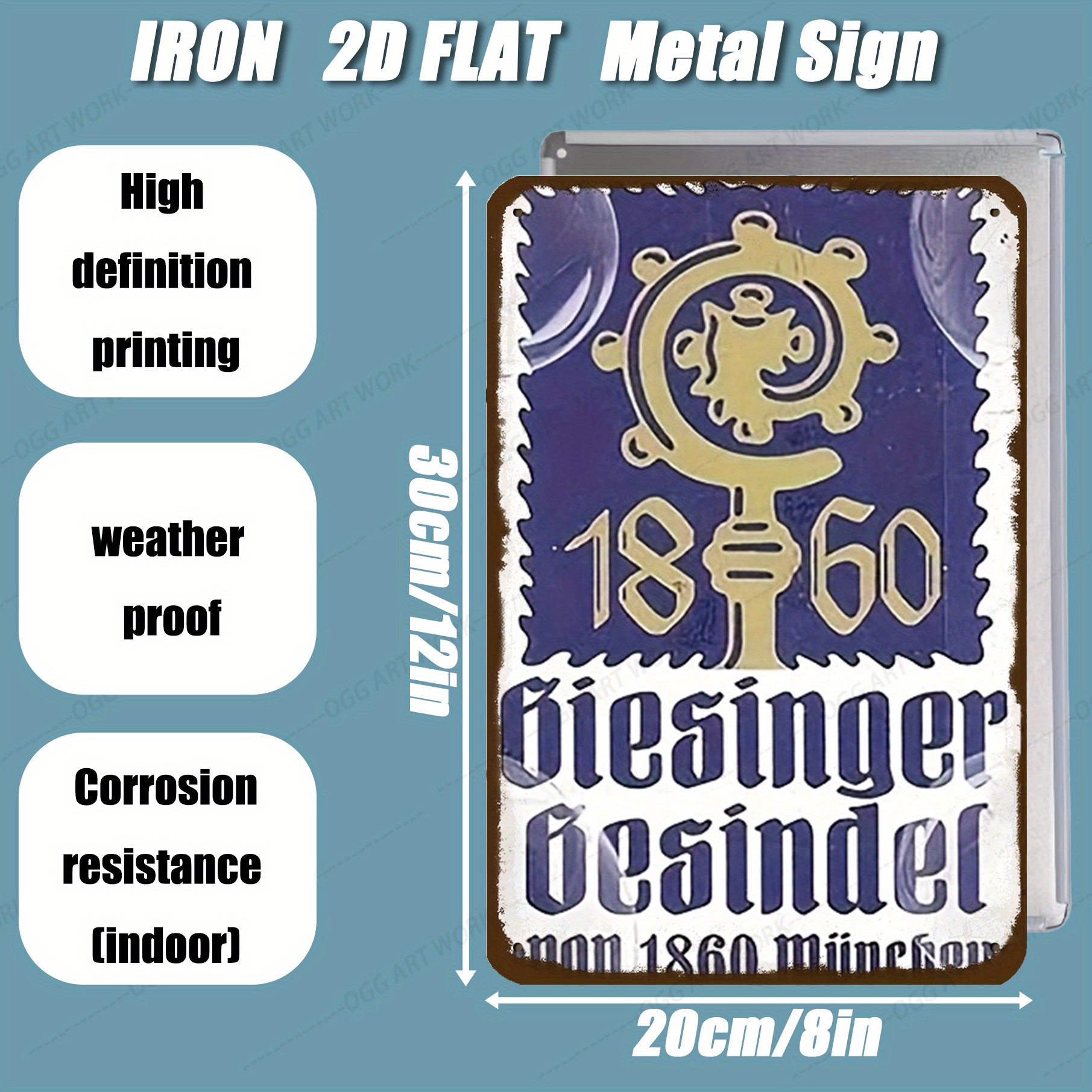TEMU 2d Flat, 1pc, 1pc Retro Metal Wall Sign - Blue And Golden Vintage Design Featuring A Key Motif And 1860, Measuring 20.32x30.48 Cm, Suitable For