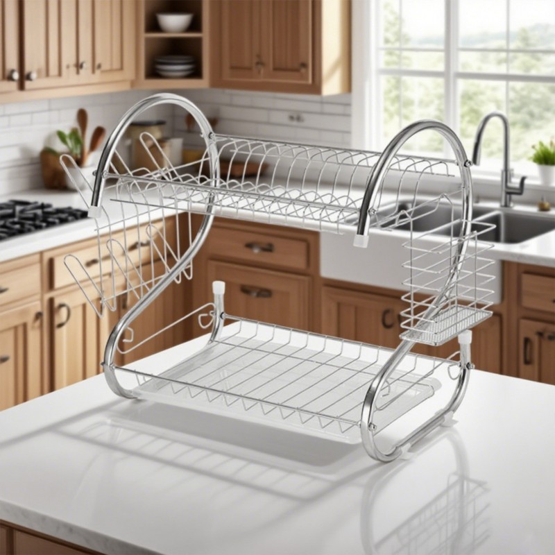 TEMU Double Layer Bowl Rack Stainless Steel Metal Kitchen Organizer With Drainage Tray For Dish Drying And Storage