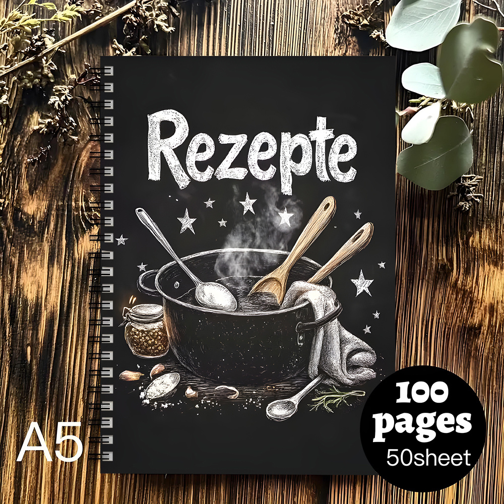 E-shop A5 deutsches Rezeptnotizbuch – Spiralgebundenes schwarzes Rezeptbuch mit Stern- Löffel-Illustrationen, für 100 Rezepte, ideal für hausgemachte