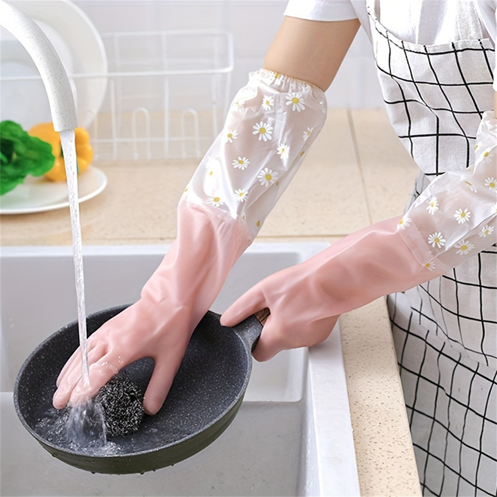 1pair of long sleeved daisy rubber gloves soft flexible and reusable suitable for dishwashing kitchen cleaning oven maintenance and pet care details 1