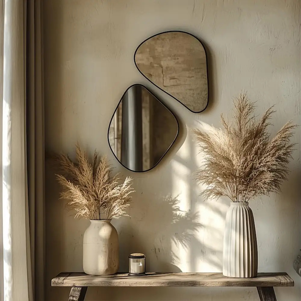 Irregular Wooden Decorative Wall Mirror, Frameless Wall-Mounted Mirror, Shatterproof HD, Suitable for Bedroom, Living Room, Gym