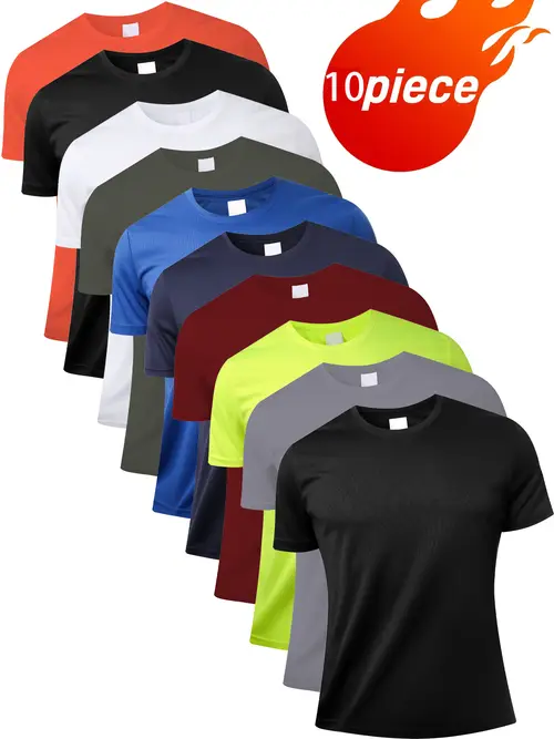 mens 10pcs set of solid color round neck t shirt mens quick drying moisture absorbing sunscreen shirt suitable for casual for fitness and outdoor activities