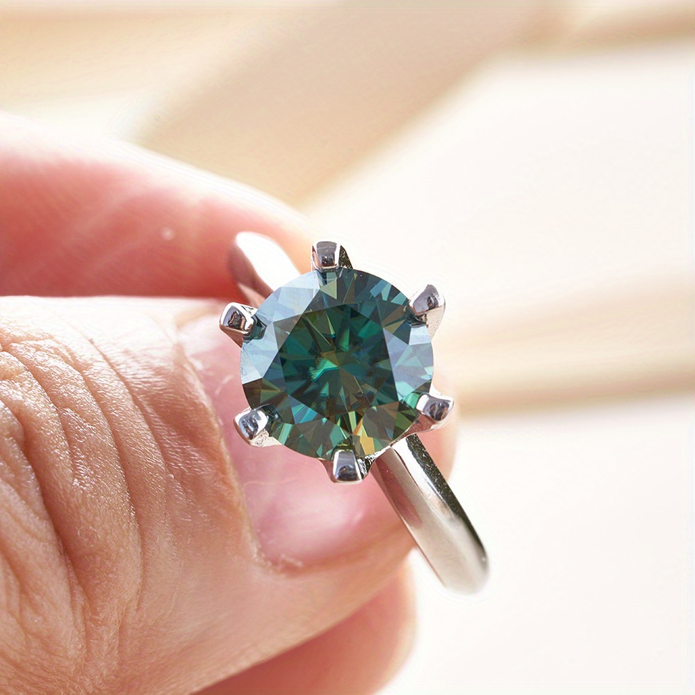 Stylish Turquoise Moissanite Six-Clawed Ring in 925 Silver