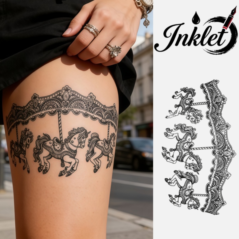 TEMU Set mit einzigartigen ausgefallenen temporären Tattoos „Vintage Karussellpferde Oberschenkel“, hält 1-2 Wochen, einfach anzubringen, für Events,