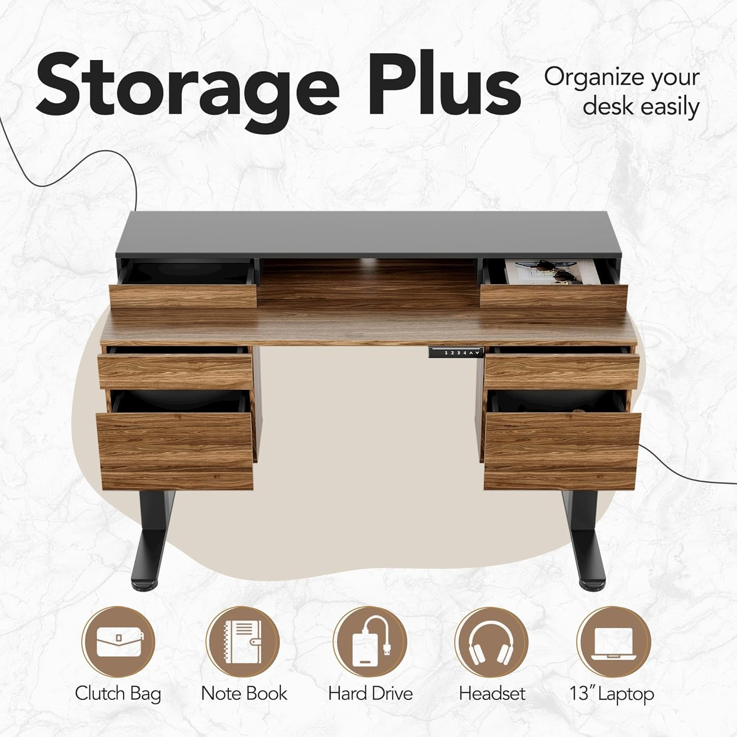 Standing Desk with 6 Drawers, 55 Inch Electric Height Adjustable Stand Up Desk with Storage, Computer Home Office Workstation with Monitor Stand, Electric Height Adjustable Desk