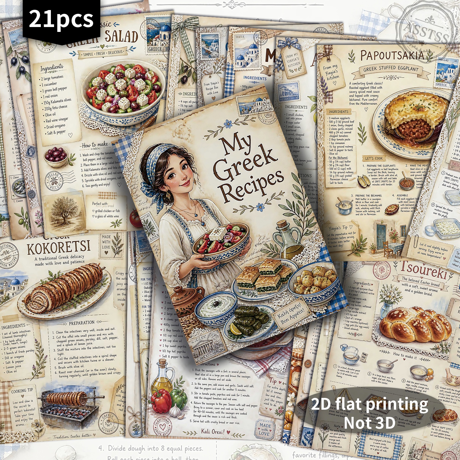 TEMU 21-Pack ASSTSS Vintage 2D Platte Griekse Recepten Postkaarten - 4X6 Inches Retro Junk Journal Benodigdheden, Klassieke Illustraties Verzamelbare