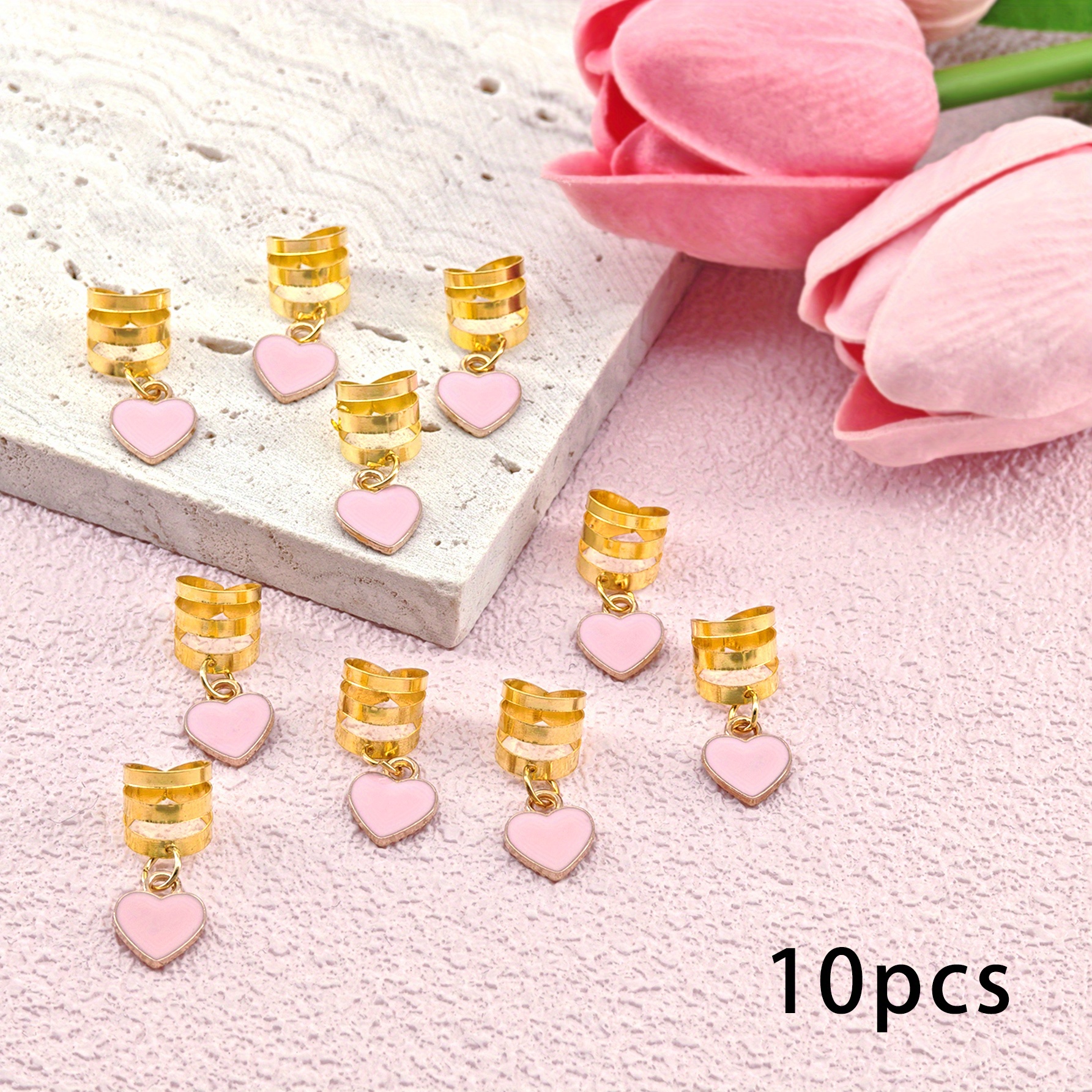 10pcs Hollow Hair Rings With Elegant Pink Heart Shaped Pendants Hair Additions Loc Hair Jewelry For Braids