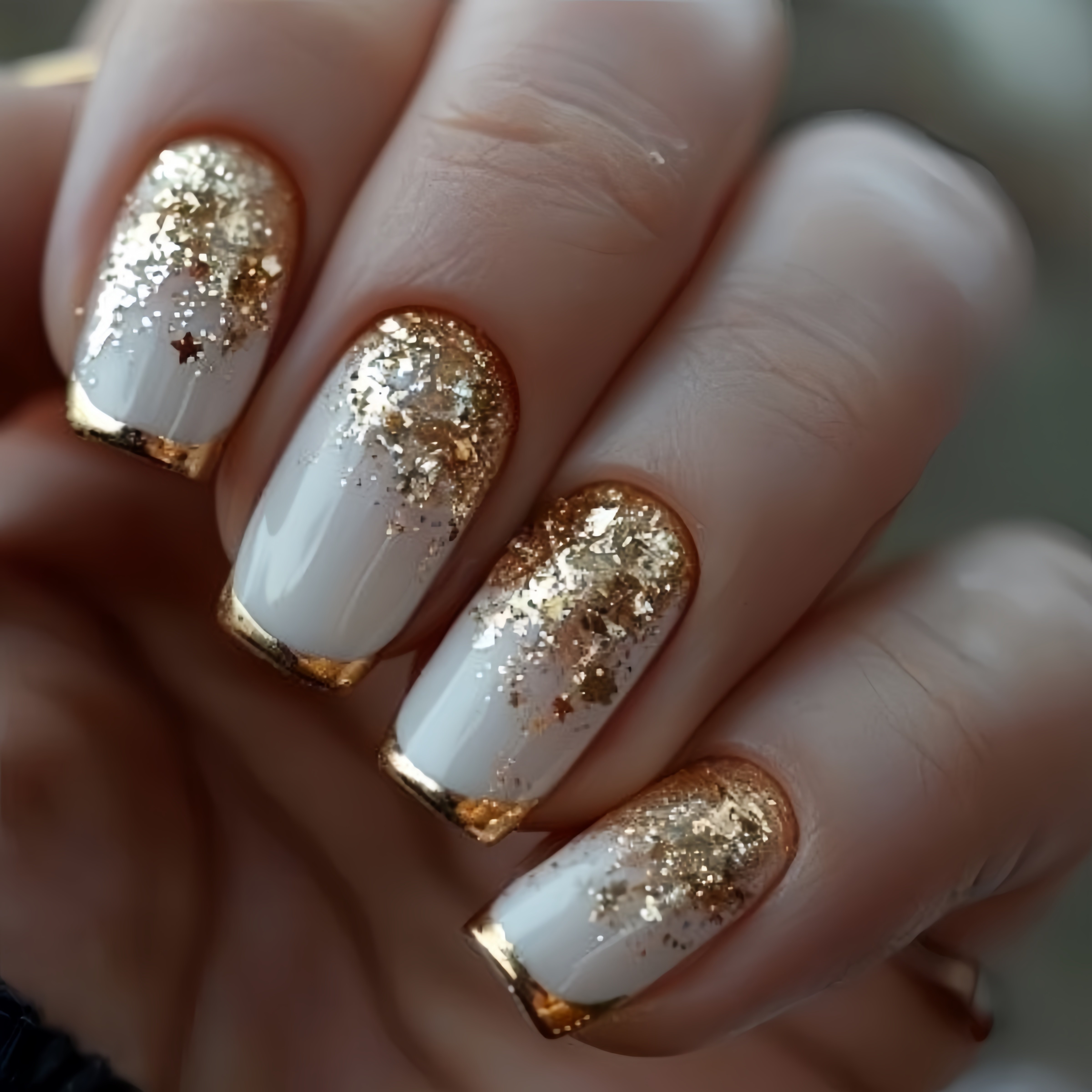 TEMU 24pcs Of Milky White Gradient Golden Glitter Press-on Nails, Medium-long Square Tips, Suitable For Women, Reusable Elegant Style, Removable Fake