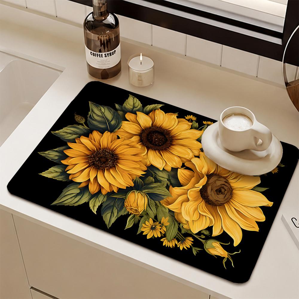 TEMU 1pc, Sunflower-themed Absorbent Placemat With A Solid Black Background, Featuring Sunflowers With , Brown Disc-shaped Flower Heads, And Green