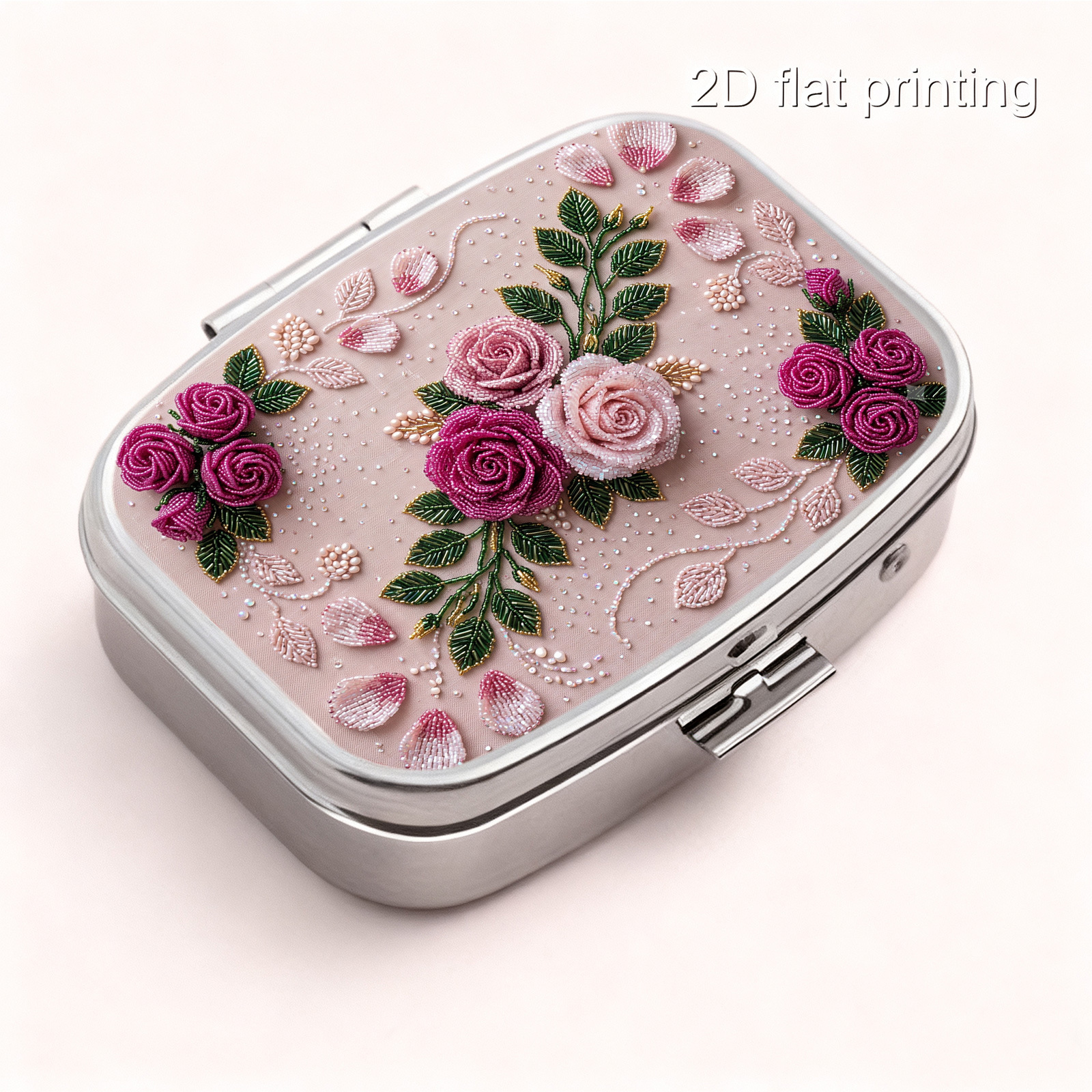 TEMU Single-piece 2d Flat-printed Portable Mini Dual-compartment Pill Case, Hand- With Pink-purple Rose Floral Print, Travel Medicine Storage Box,