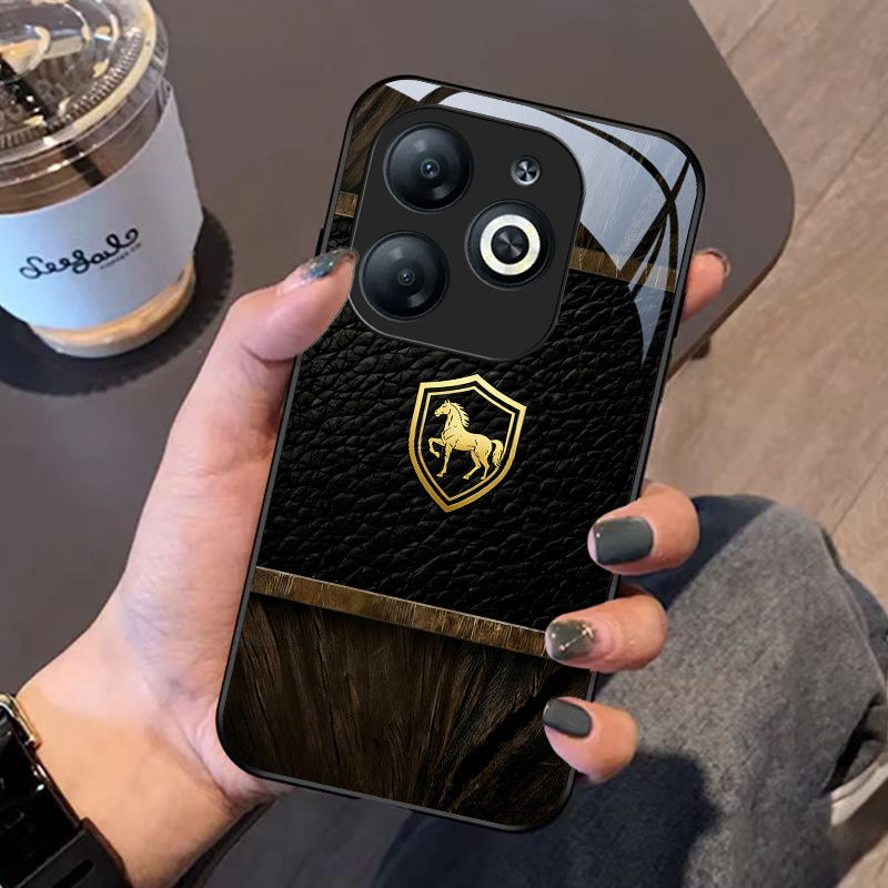 TEMU Glass Phone Case With Golden Horse Badge Pattern Suitable For Infinix Smart 9/smart 8 Pro/smart 8/smart 7/smart 6/smart 5 Models.suitable As A