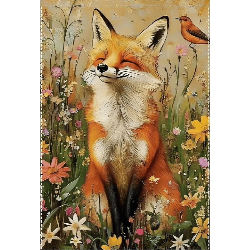 TEMU Plat 2D, Drapeau de Jardin Renard et Oiseau d'Automne Imprimé Plat 2D, Drapeau Double Face en Polyester avec et Fleurs , Décoration Saisonnière