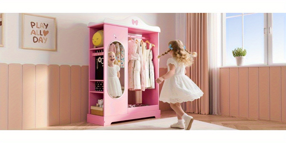Kids Armoire with Jewelry Cabinet, Kids Dress Up Storage wth Shelves, Girls Wardrode Costume Organizer with Mirror, Children Closet with Armoire for Bedroom, Kids Room, Girls, Kids Room Furniture, Bedroom Storage, Stylish Kids Wardrobe, Playful Design, Hardwood Construction, Quality Wood Finish, Shelved Wardrobe, Parents Organizing, Childrens Clothing