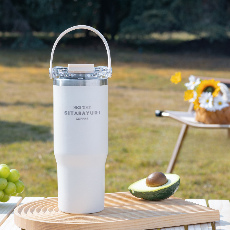 TEMU 900ml Dual-drink Stainless Steel Sports Bottle - Thermal With Straw & Handle For Office, Car, And Outdoor