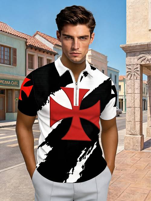 item picture fashionable individual color block short sleeve shirt trendy print design lapel top casual outing wear mens t shirt