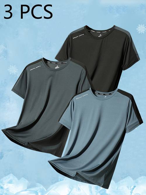 3pcs set round neck printed t shirt mens casual sports short sleeve breathable stretchy tee suitable for summer wear