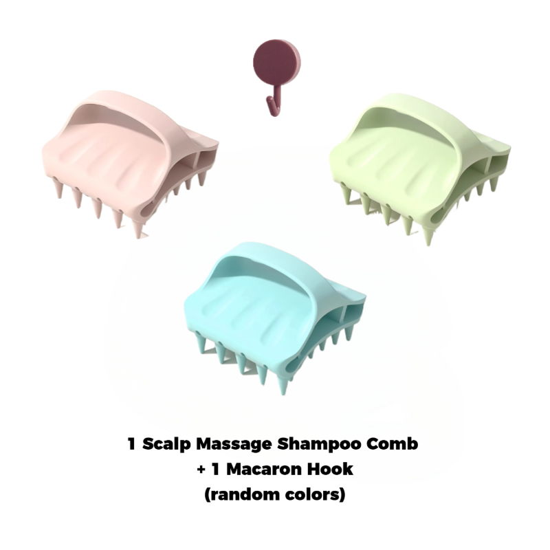 TEMU 2pcs = 1 Stretchy Silicone Scalp Massage Shampoo Brush (random Color) + 1 Macaron Hook (random Color). Replaces Fingernails To Into Hair .