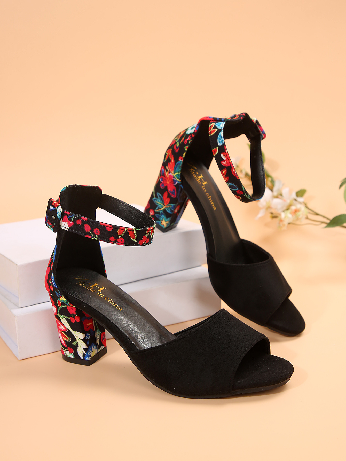 [Durable Build] Women's Floral Print Block Heel Sandals - Elegant Open Toe Ankle Strap Pumps with Faux Cover Lining, Summer Dress Shoes in Vibrant Pink & Blue Floral Patterns, Dressy Sandals | Fashionable Footwear | Durable Pu Sole, High Heel Sandals