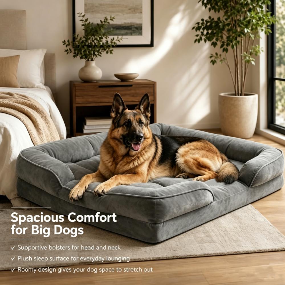 TEMU Extra Large Orthopedic Memory Foam Dog Bed, Thick Pet Sofa With Bolster Support, Removable Washable Cover & Non-slip Bottom, Comfortable Joint