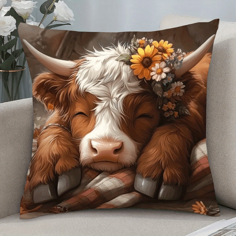 TEMU 1pc Highland Cow Peach Faux Pillowcase - Cozy Cover With Adorable Floral , Single-sided Print, Soft Fiber, Zipper Closure, 18x18 Inches, Living