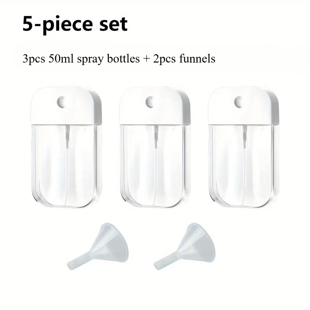 TEMU 5pcs Set Including 3 Refillable 50ml Plastic Bottles And 2 Funnels, With Leak-proof Fine Mist Design Suitable For Perfume, Alcohol, And Hand