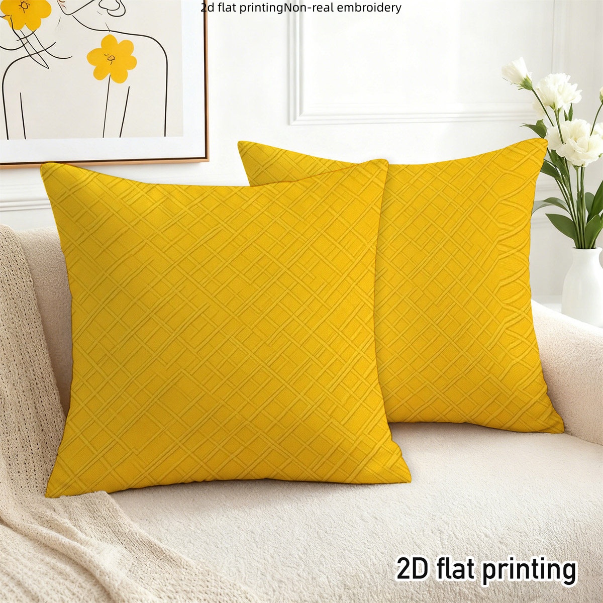 TEMU 2d Flat - 2d 2pcs Checkered Pillow Covers, Easy Solid Color , Available, Single-sided Printed Without Pillow Core, With Invisible Zipper Design,