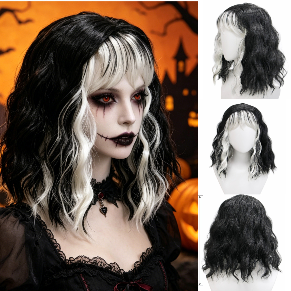 Image of Highlight Dye Medium Volume Medium And Long Hair Wig, Halloween Bride Drag Props, Daily Retro Dark Styling Versatile Simulation Wig Headgear