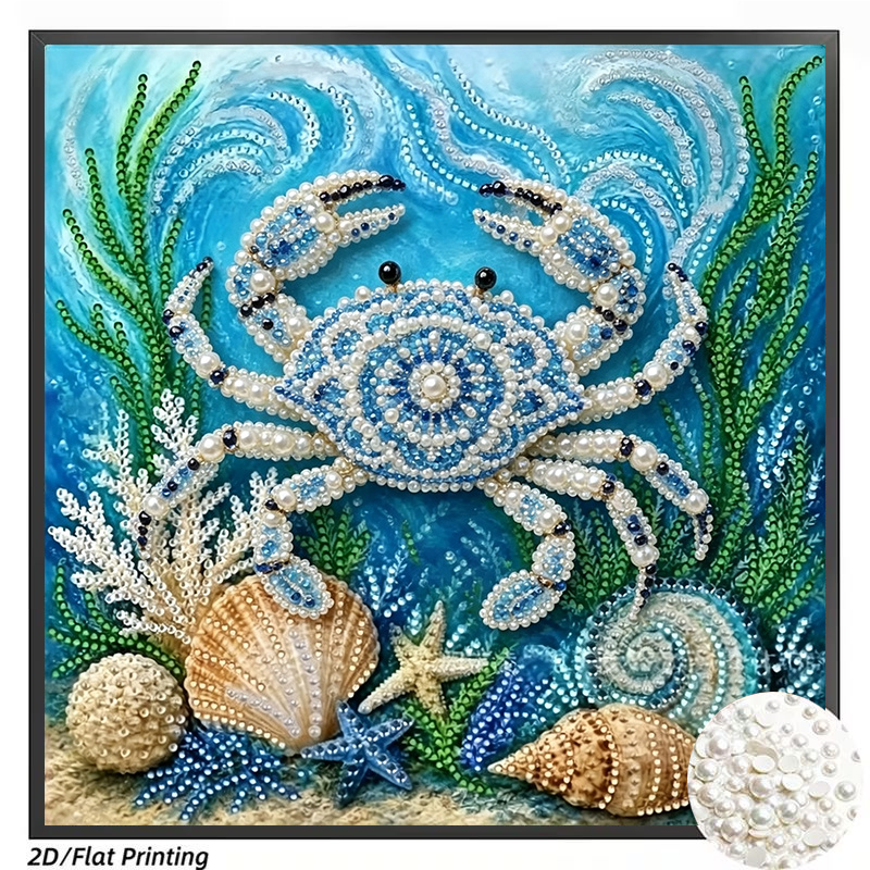 TEMU 1pc Frameless Pearl Drill Painting Kit, Featuring A Unique And Ocean Landscape Design With Cute Blue Crabs, An And Project Measuring 11.8 X 11.8