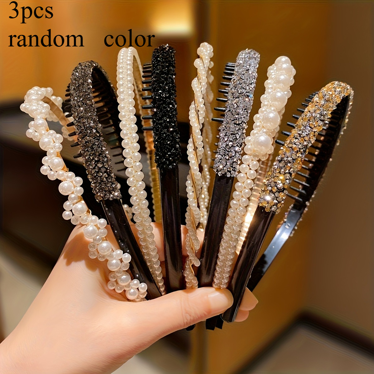 TEMU 3pcs Random Color Hair Accessories, Non-slip Headband With Teeth, Korean Style Rhinestone Hairband, For Daily Wear, Women's And Hair Ornaments