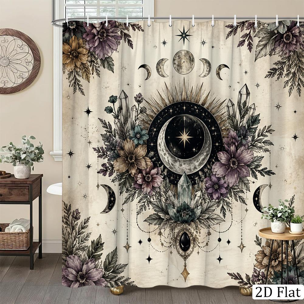 TEMU 1pc Celestial Moon Phase Shower Curtain Local Vintage Crystal Mystical Theme Bathroom Hanging Curtain 70.8x70.8 Inch With 12 Hooks