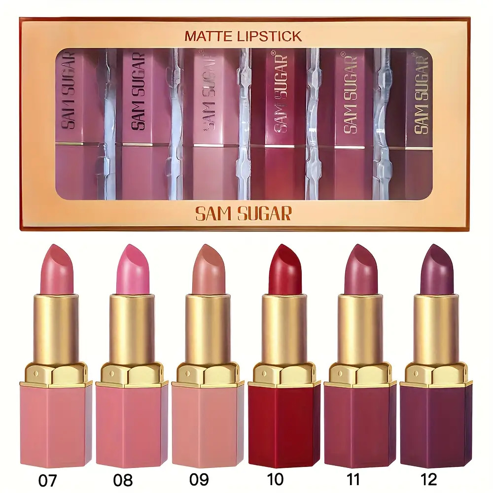 Image of Set Of 6pcs Velvet Lipstick - Metallic Finish, Long-lasting Shine & Glitter, Perfect Gift For Women - In Orange, Pink, Purple, Red, Christmas Valentine Gift For Women