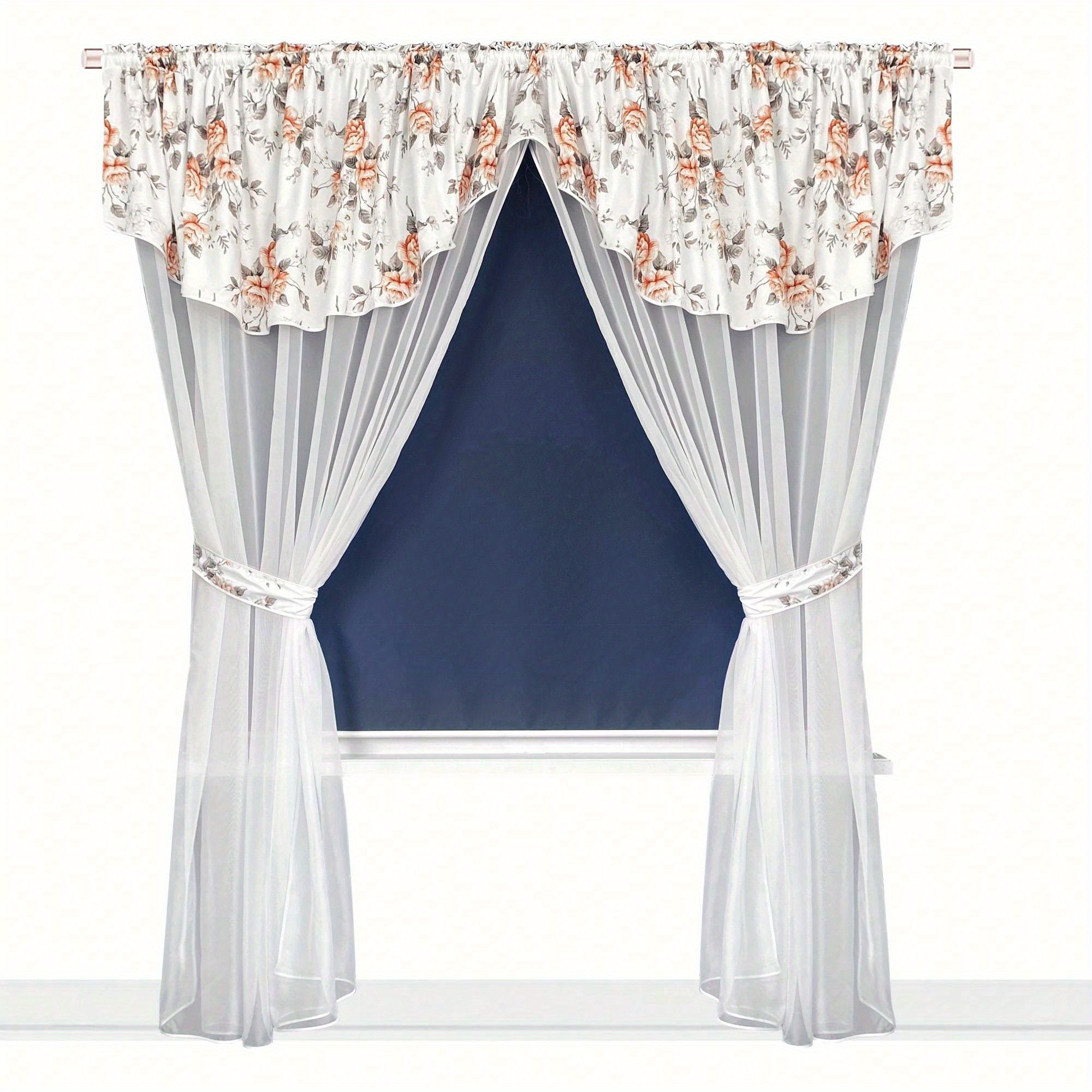 Image of Rose Print & White Lace Tulle Curtains - Lightweight 100% Polyester Semi-sheer Rod , Machine Washable For Living Room, Bedroom, Kitchen, Coffee Shop, Curtains For Living Room