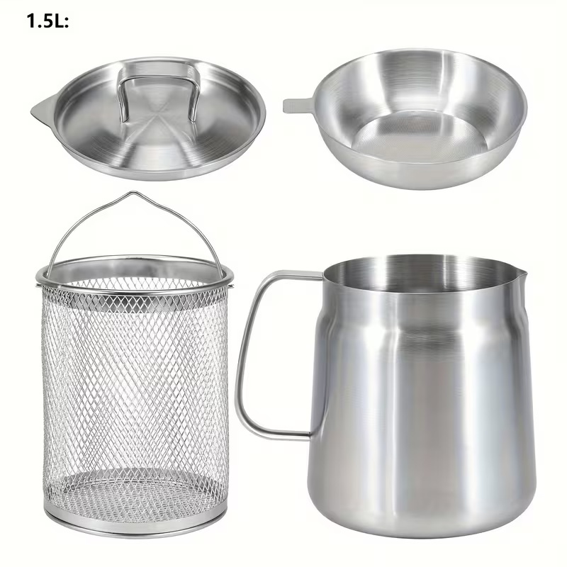 TEMU Casserole en Acier Inoxydable 304, Fritteuse avec Panier et , Friture, Cuisson, Camping, Récipient Filtre à Huile, 1,5L/2,0L/3,5L