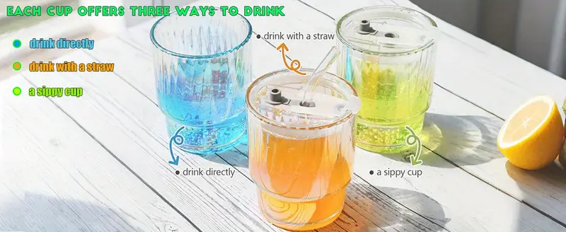 4 pack glass cups with lids and straws clear iced coffee cups cute reusable 13oz thickened glass tumbler cups travel mug with leak proof sippy lids for morning matcha Product details 2
